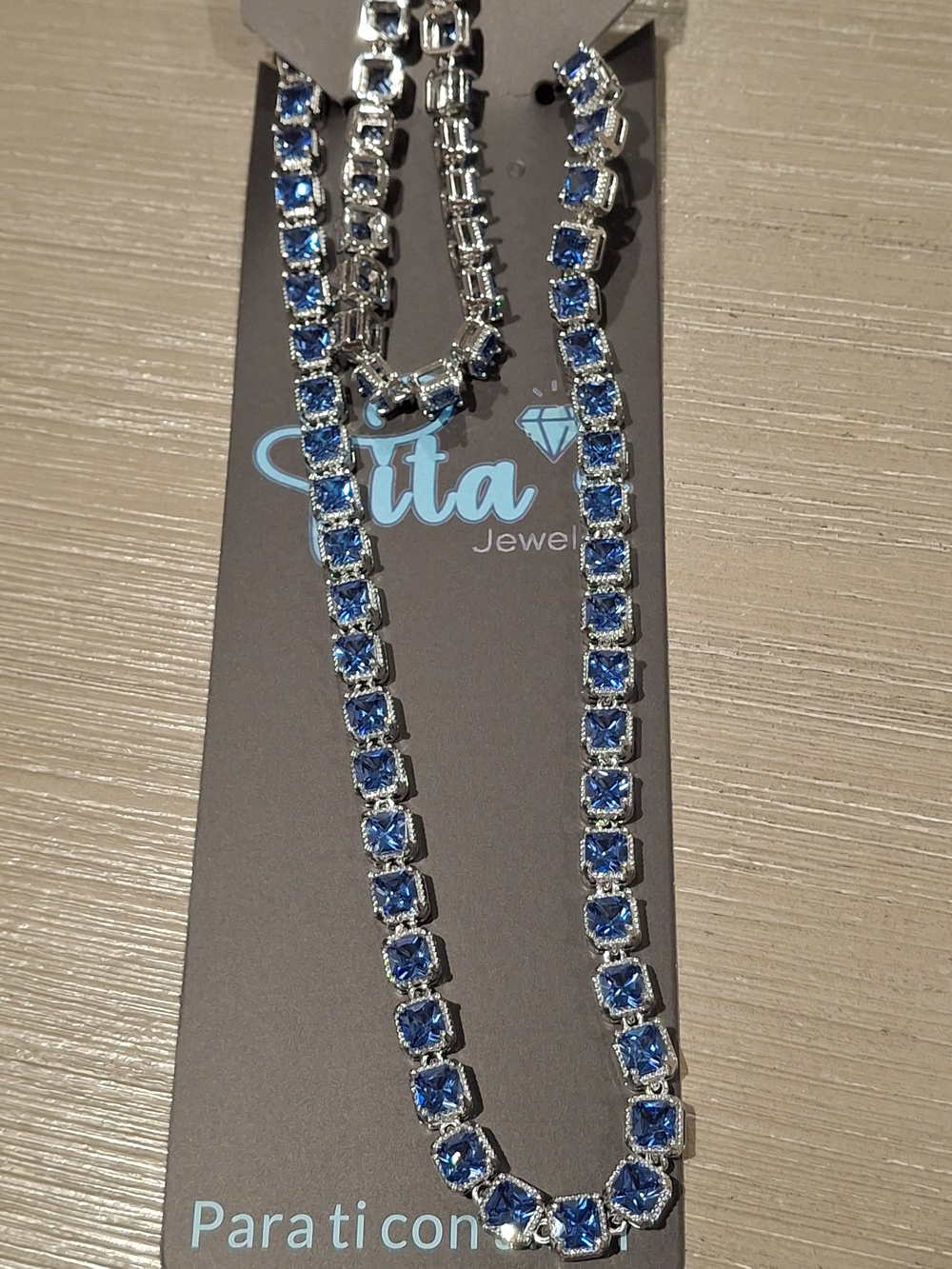 Blue Crystal Tennis Necklace - Silver Tone